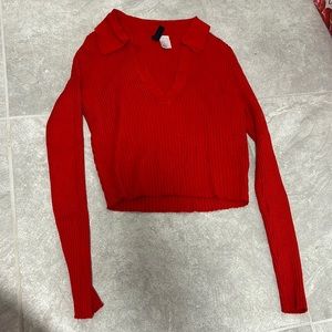 Red Collared Long Sleeve Crop Top